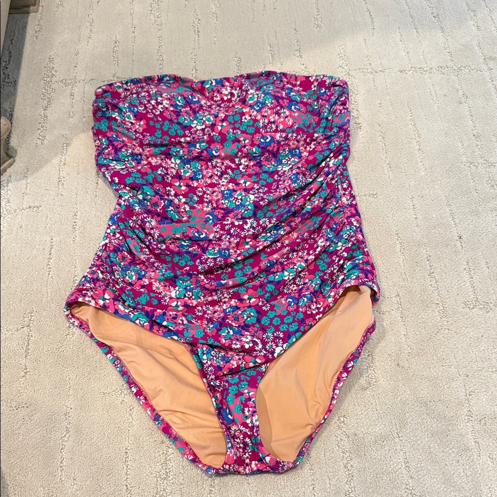 J Crew Floral Strapless, Ruched Swimsuit - Size L